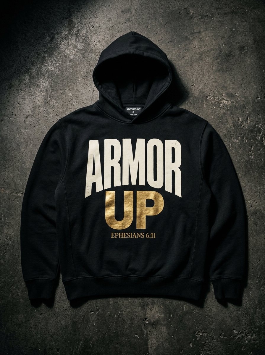 Armor Up Hoodie — matte black heavyweight hoodie, ARMOR UP in bone white with UP in gold, Ephesians 6:11 beneath