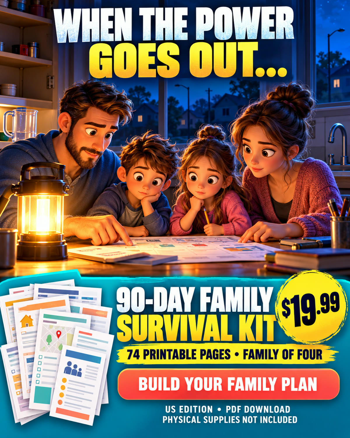 Illustrated family of four gathered around a lantern at the kitchen table during a power outage, planning with printed pages. Text: When the power goes out. 90-Day Family Survival Kit, 19.99 dollars, 74 printable pages, family of four. US edition, PDF download, physical supplies not included.